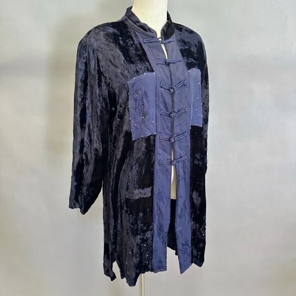 Lolette navy Rayon velour & jacquard mandarin collar tunic top size Large artsy - Picture 11 of 15